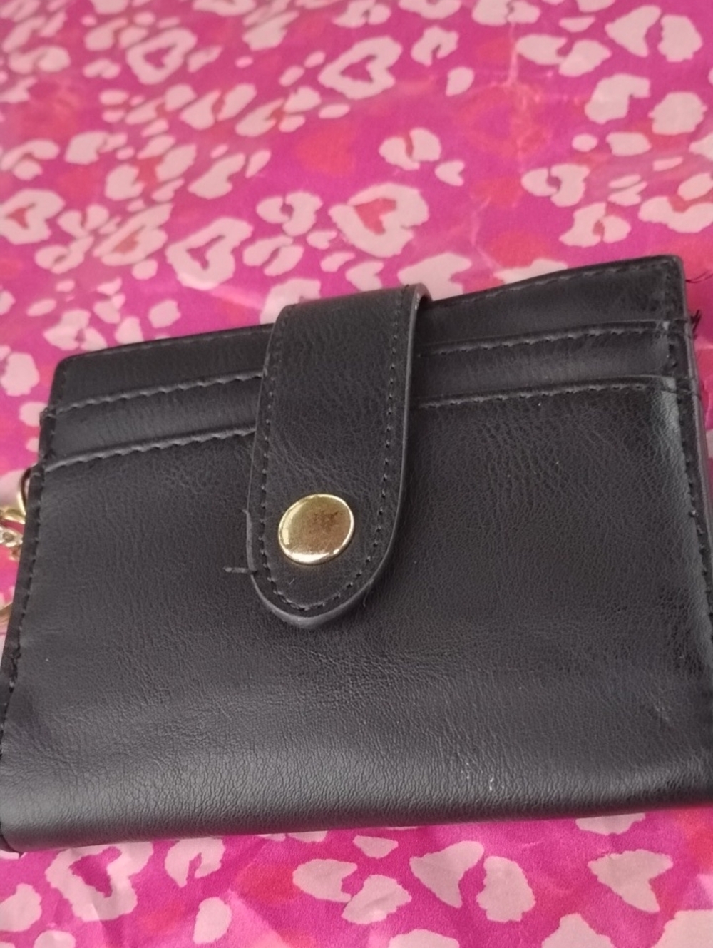 Compact Black Women's Card Wallet with Snap Strap